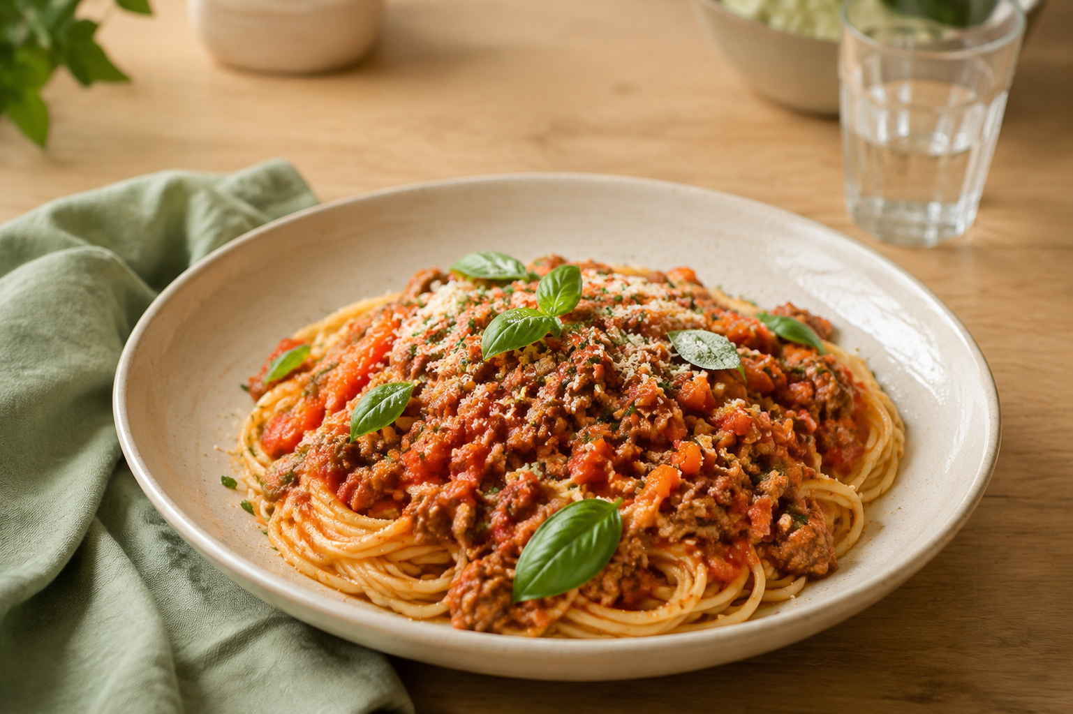 Bord spaghetti bolognese met verse basilicum op een houten tafel