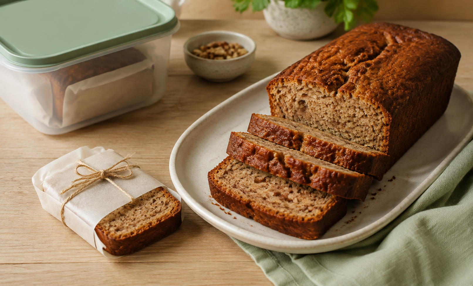 Aangesneden bananenbrood op een schaal, met een plak ingepakt in papier en een bewaarbakje