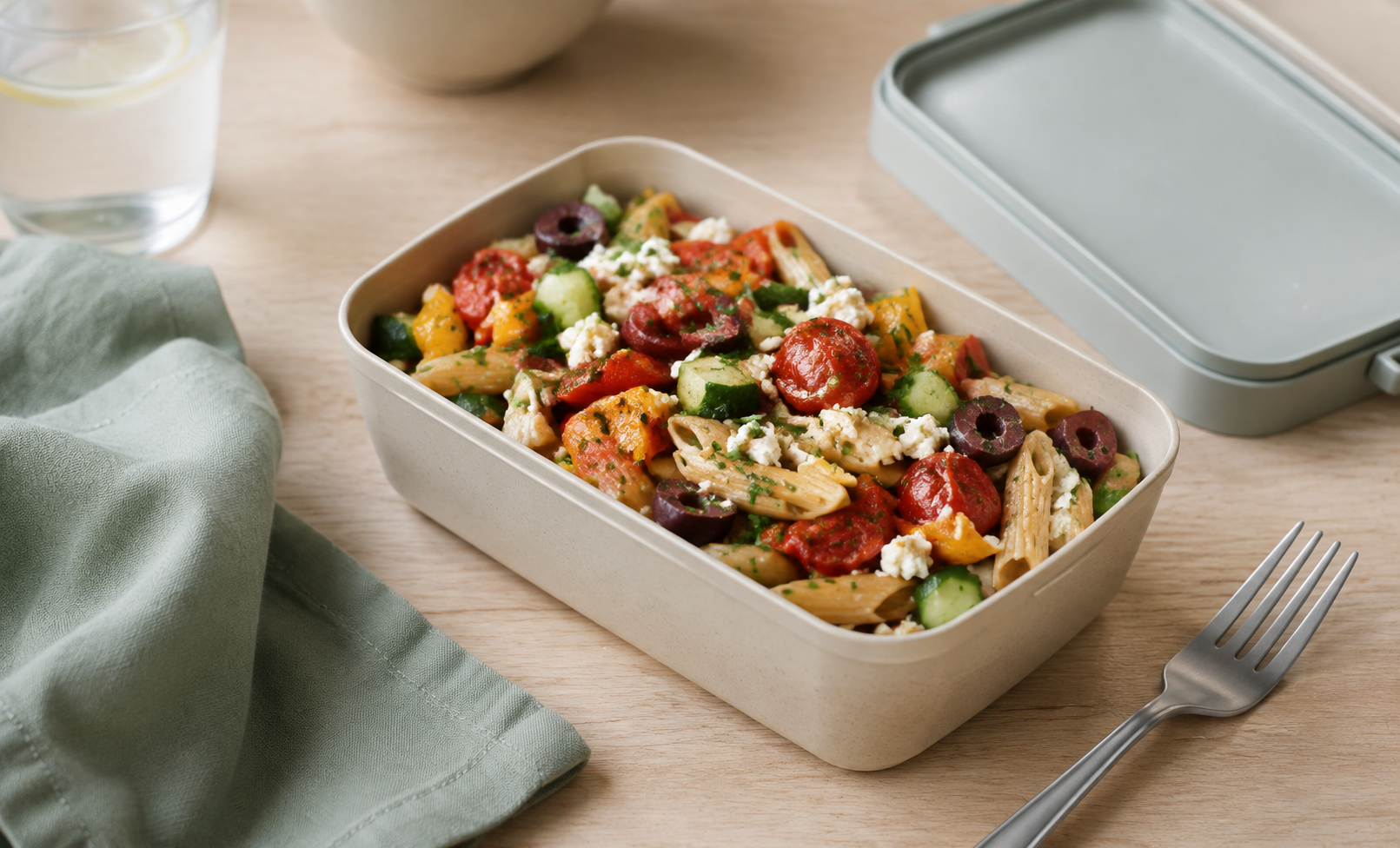 Mediterrane pastasalade met tomaat, komkommer, olijven en feta in een lunchtrommel